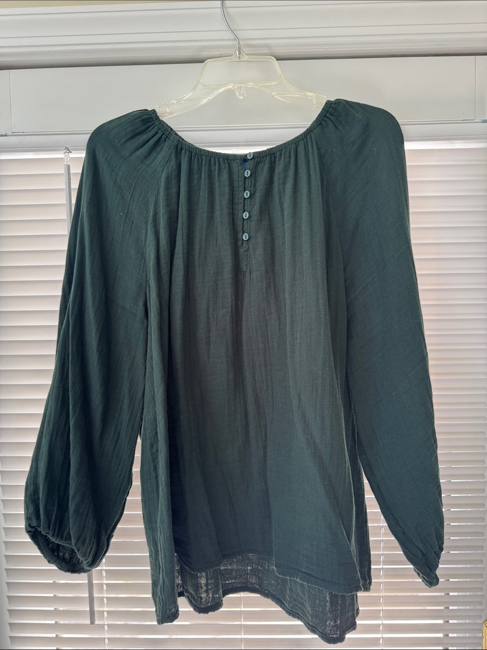 Dark Green Peasant Blouse with Button Front - Women’s Long Sleeve Top